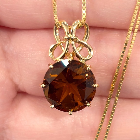 Jewelry - Vintage 14K Gold Smoky Quartz Pendant Necklace: Filigree Bow, Star Cut